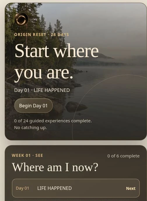 Actual RESET first-use screen: Day 01, Life Happened, Begin Day 01 and the weekly map.